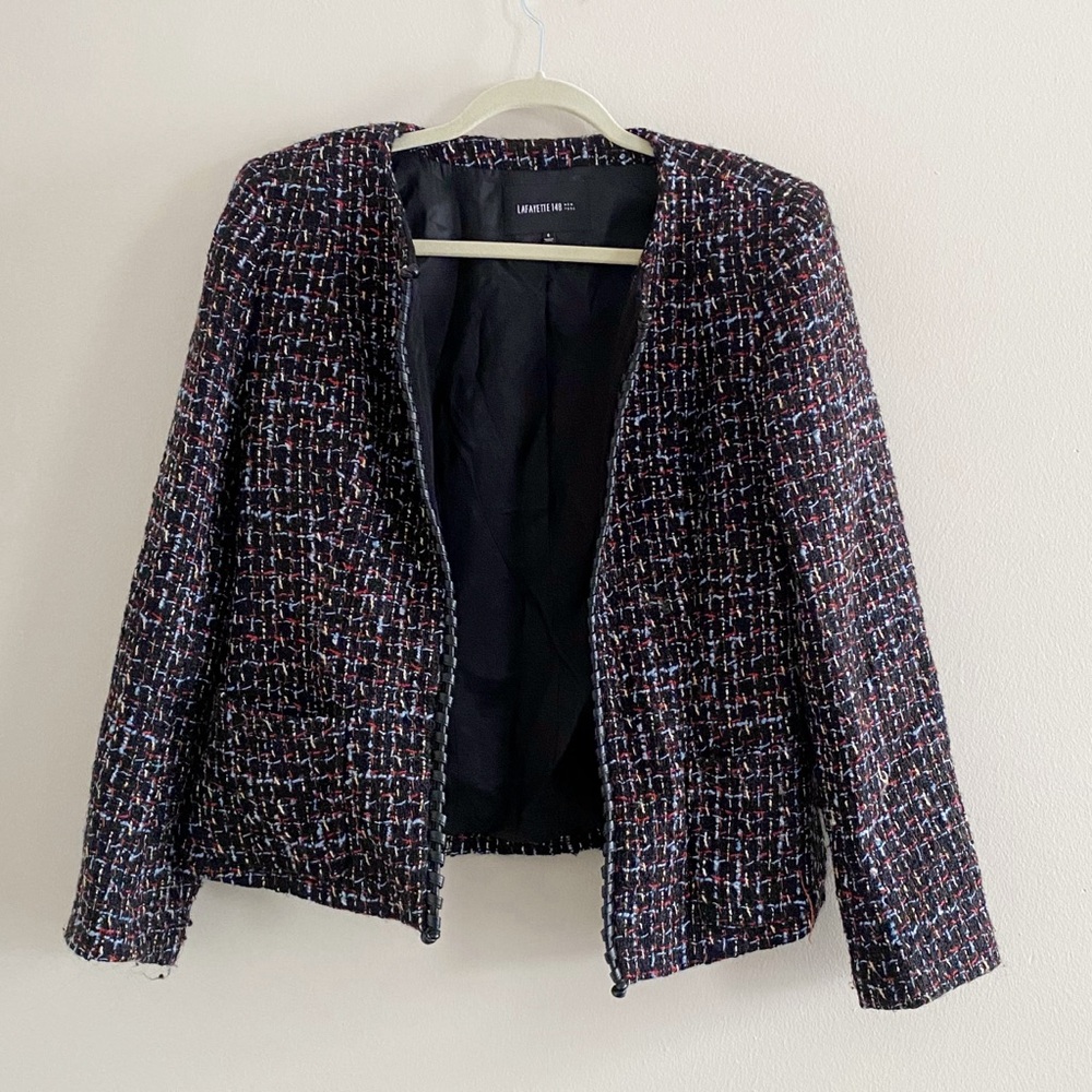 Lafayette 148 New York Tweed and Leather Blazer Jacket Size 8